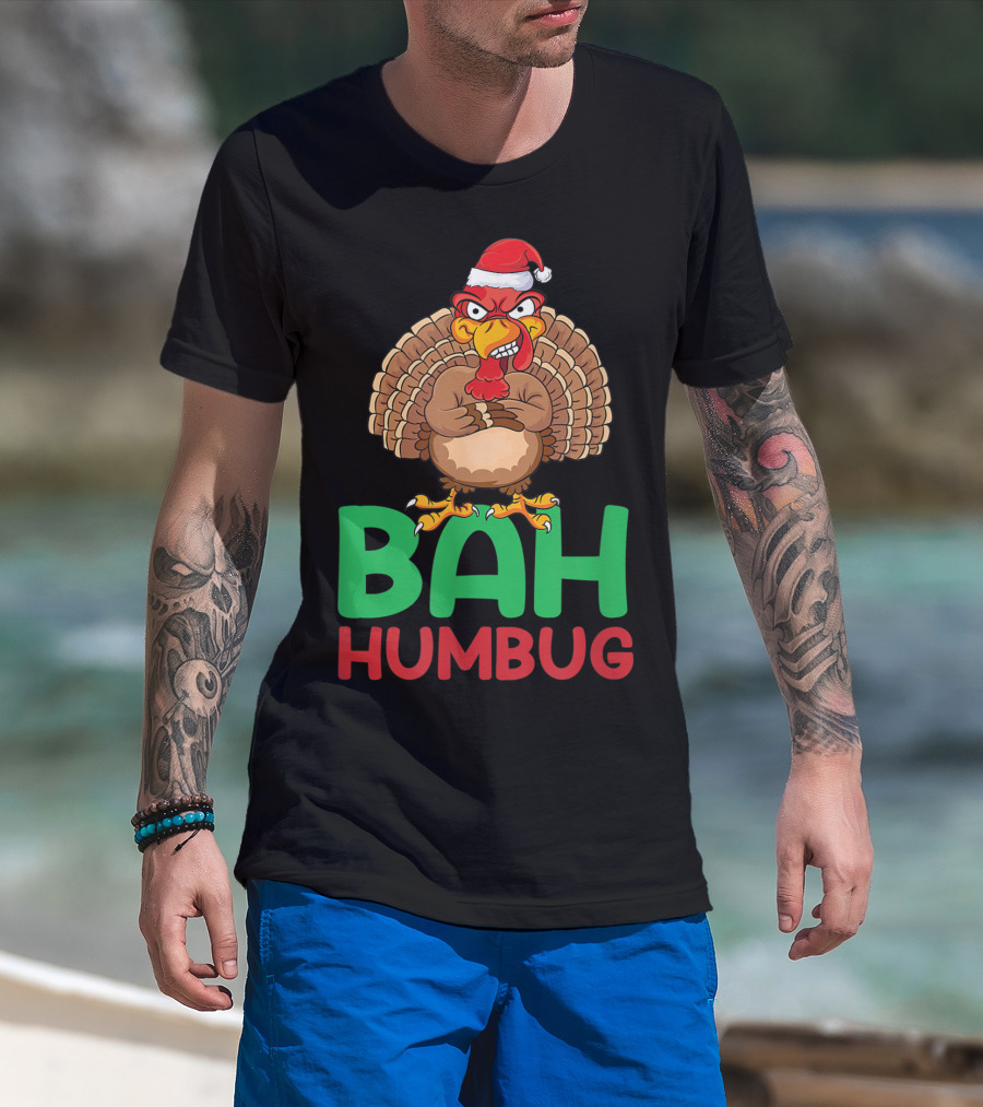 Bah Humbug Christmas Turkey With Santa Hat T-Shirt