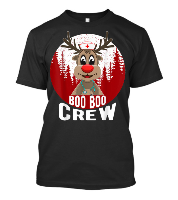 Boo Boo Crew Nurse Reindeer With Stethoscope And Santa Hat T-Shirt
