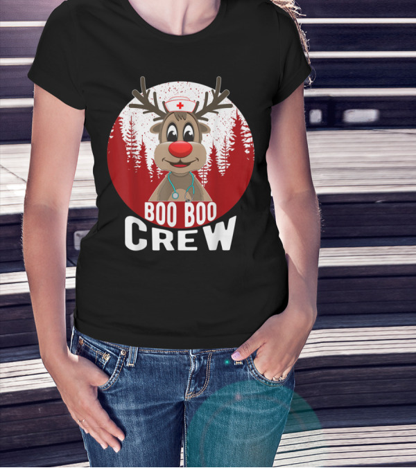 Boo Boo Crew Nurse Reindeer With Stethoscope And Santa Hat T-Shirt