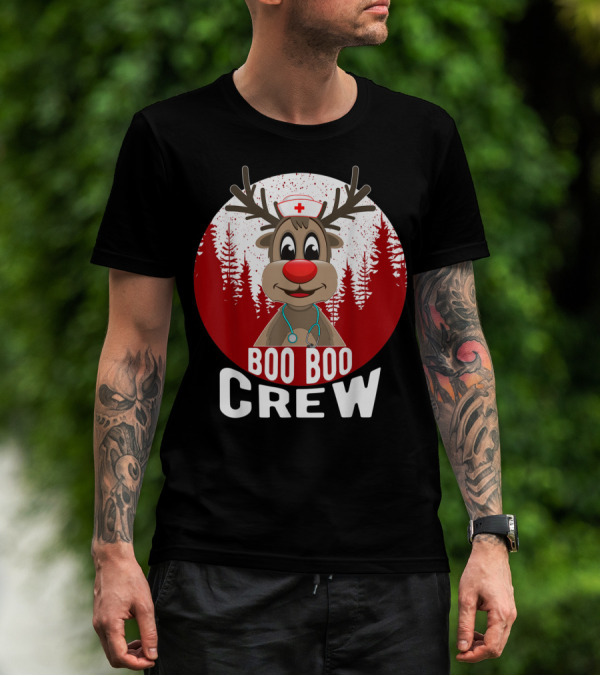 Boo Boo Crew Nurse Reindeer With Stethoscope And Santa Hat T-Shirt