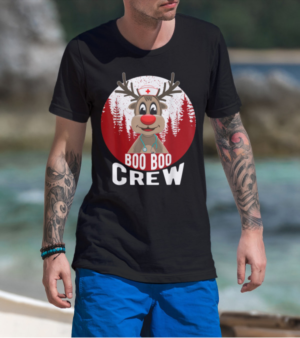Boo Boo Crew Nurse Reindeer With Stethoscope And Santa Hat T-Shirt
