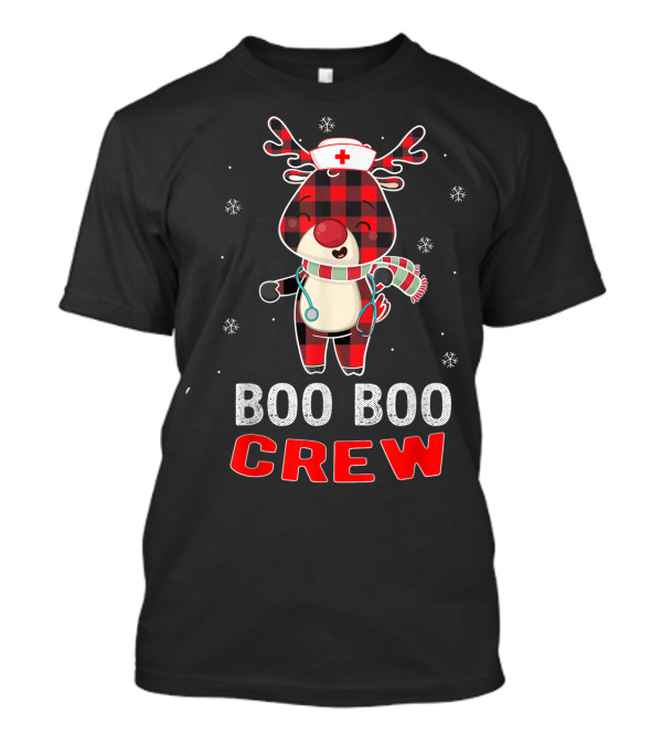 Cute Reindeer Nurse Boo Boo Crew Plaid Christmas Snowflakes T-Shirt