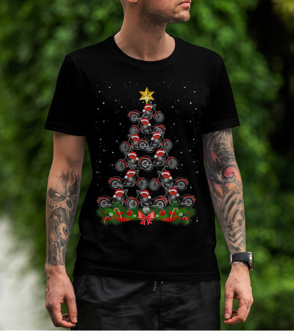 Motorcycle Santa Hat Christmas Tree With Star And Festive Decorations T-Shirt