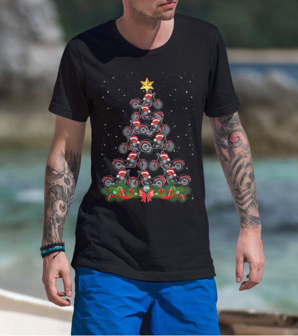 Motorcycle Santa Hat Christmas Tree With Star And Festive Decorations T-Shirt