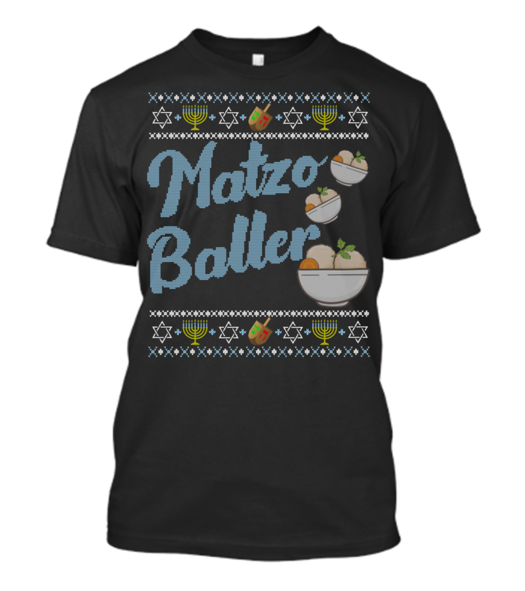 Matzo Baller Funny Ugly Hanukkah Sweater With Dreidel And Menorah Icons T-Shirt