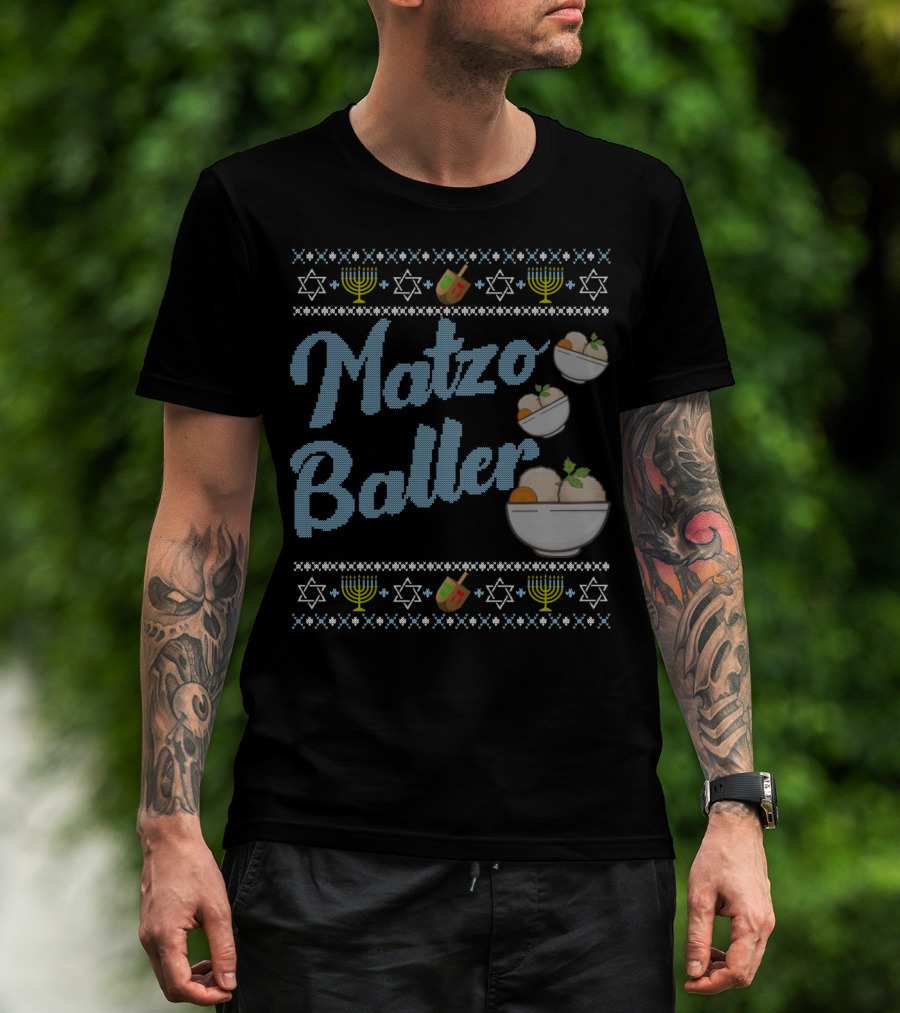 Matzo Baller Funny Ugly Hanukkah Sweater With Dreidel And Menorah Icons T-Shirt