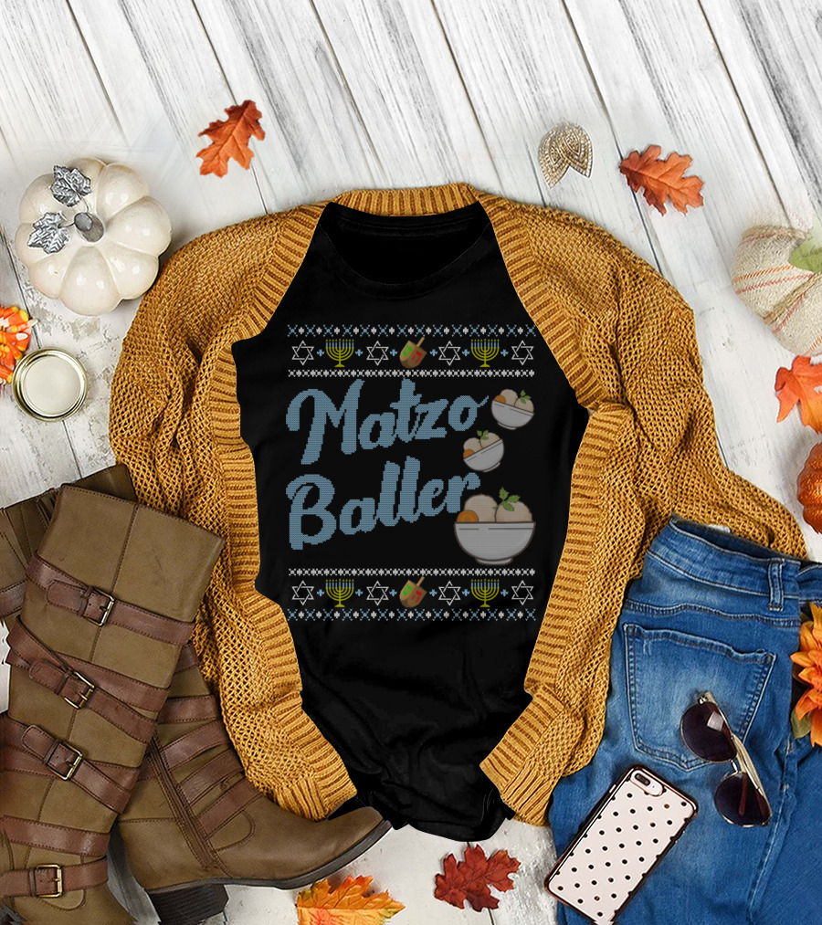 Matzo Baller Funny Ugly Hanukkah Sweater With Dreidel And Menorah Icons T-Shirt