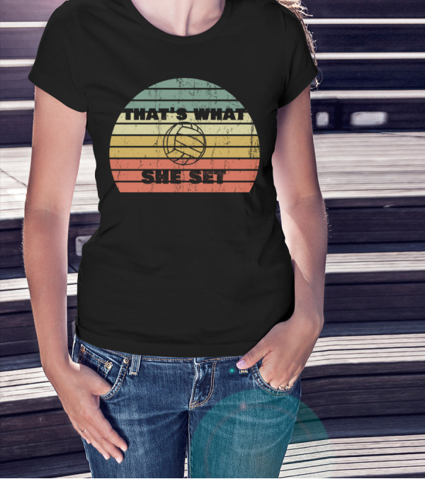 That's What She Set Volleyball Pun Vintage Stripes T-Shirt