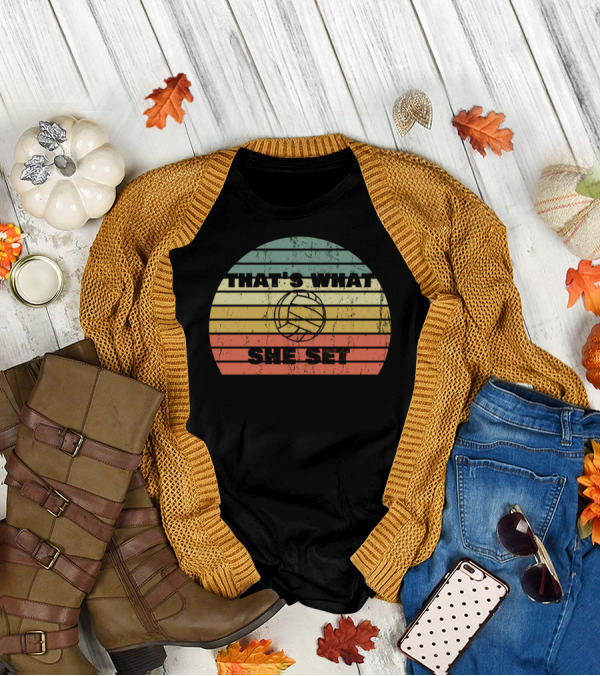 That's What She Set Volleyball Pun Vintage Stripes T-Shirt