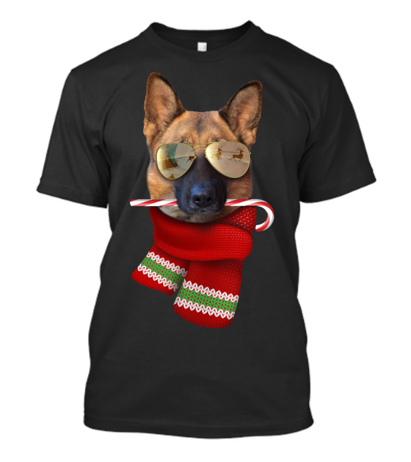 German Shepherd Christmas Dog With Candy Cane And Red Scarf T-Shirt
