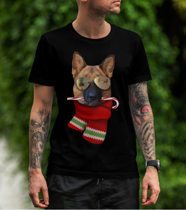 German Shepherd Christmas Dog With Candy Cane And Red Scarf T-Shirt