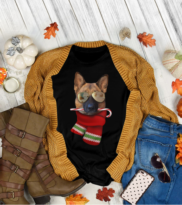 German Shepherd Christmas Dog With Candy Cane And Red Scarf T-Shirt