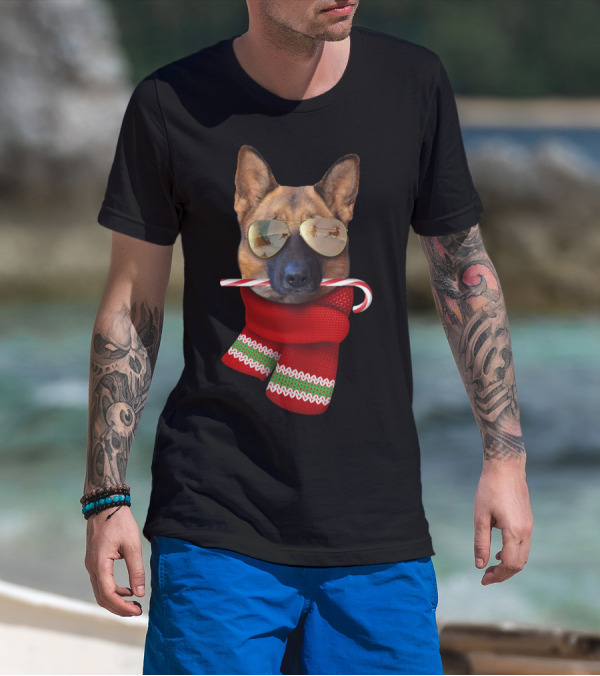 German Shepherd Christmas Dog With Candy Cane And Red Scarf T-Shirt