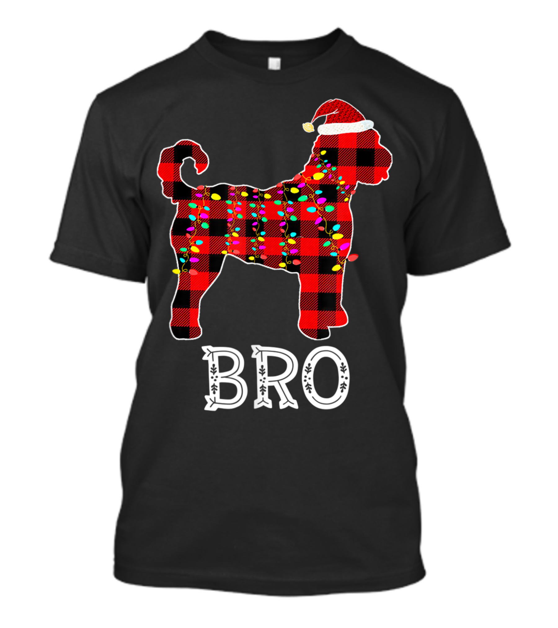 Goldendoodle Bro Christmas Lights Buffalo Plaid Santa Hat T-Shirt