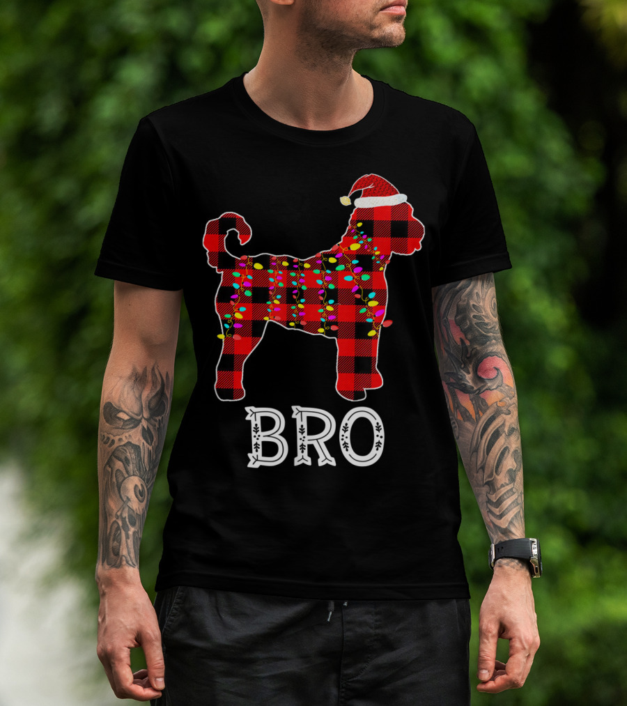 Goldendoodle Bro Christmas Lights Buffalo Plaid Santa Hat T-Shirt