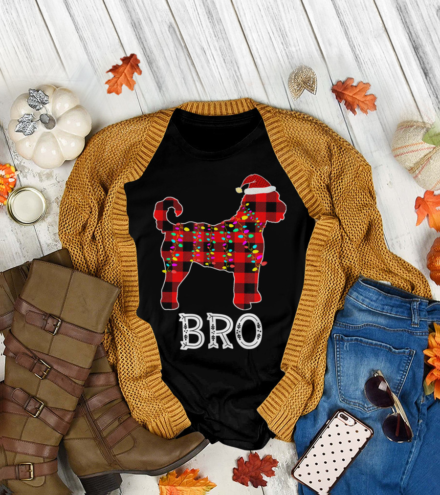 Goldendoodle Bro Christmas Lights Buffalo Plaid Santa Hat T-Shirt