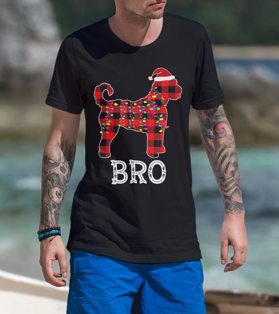 Goldendoodle Bro Christmas Lights Buffalo Plaid Santa Hat T-Shirt