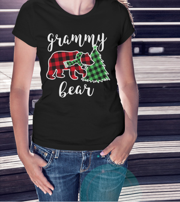 Grammy Bear Buffalo Plaid Christmas Tree Scarf T-Shirt