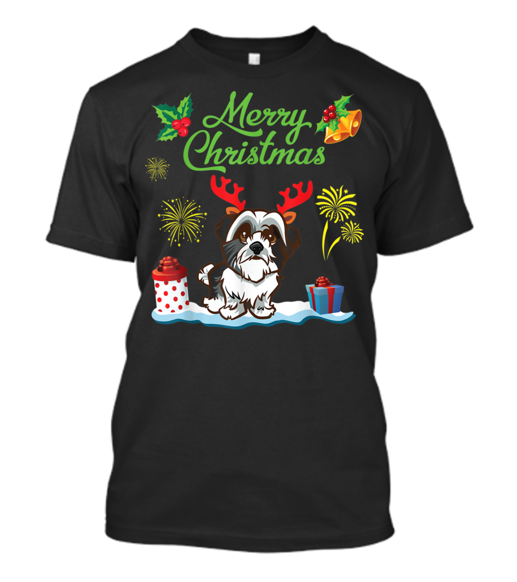 Merry Christmas Dog With Antlers Fireworks And Gifts T-Shirt