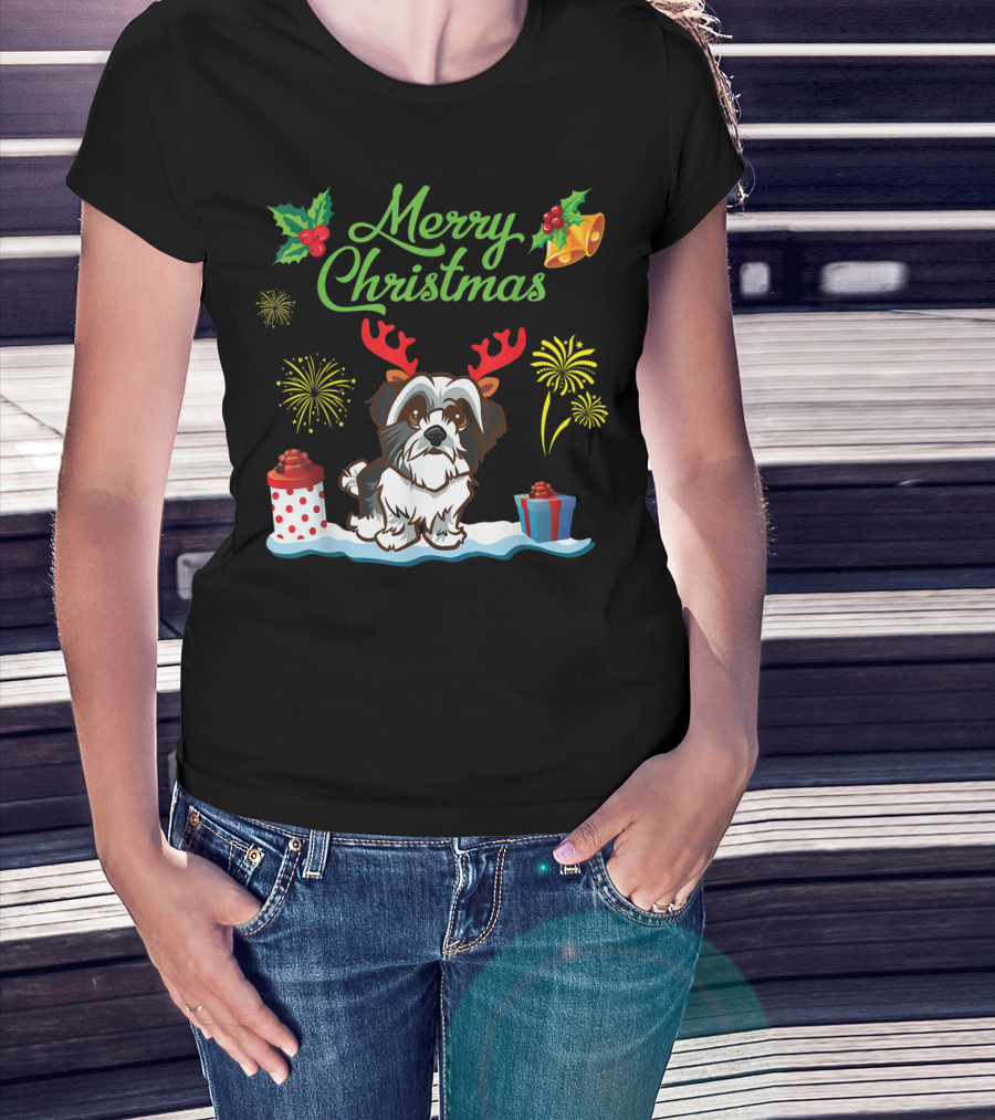 Merry Christmas Dog With Antlers Fireworks And Gifts T-Shirt