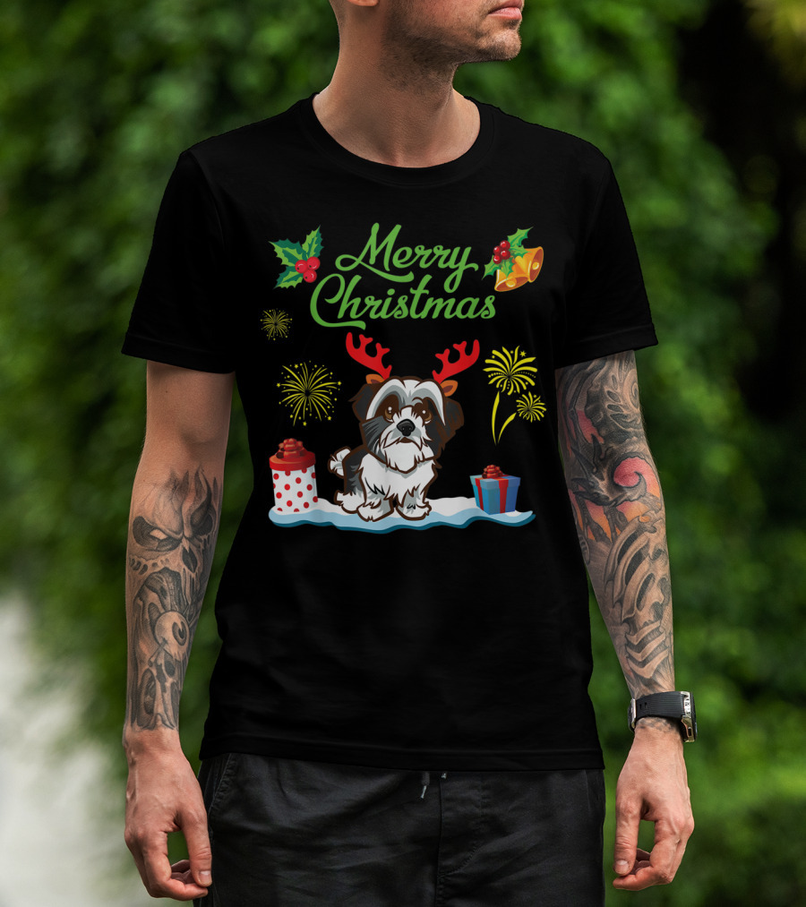 Merry Christmas Dog With Antlers Fireworks And Gifts T-Shirt