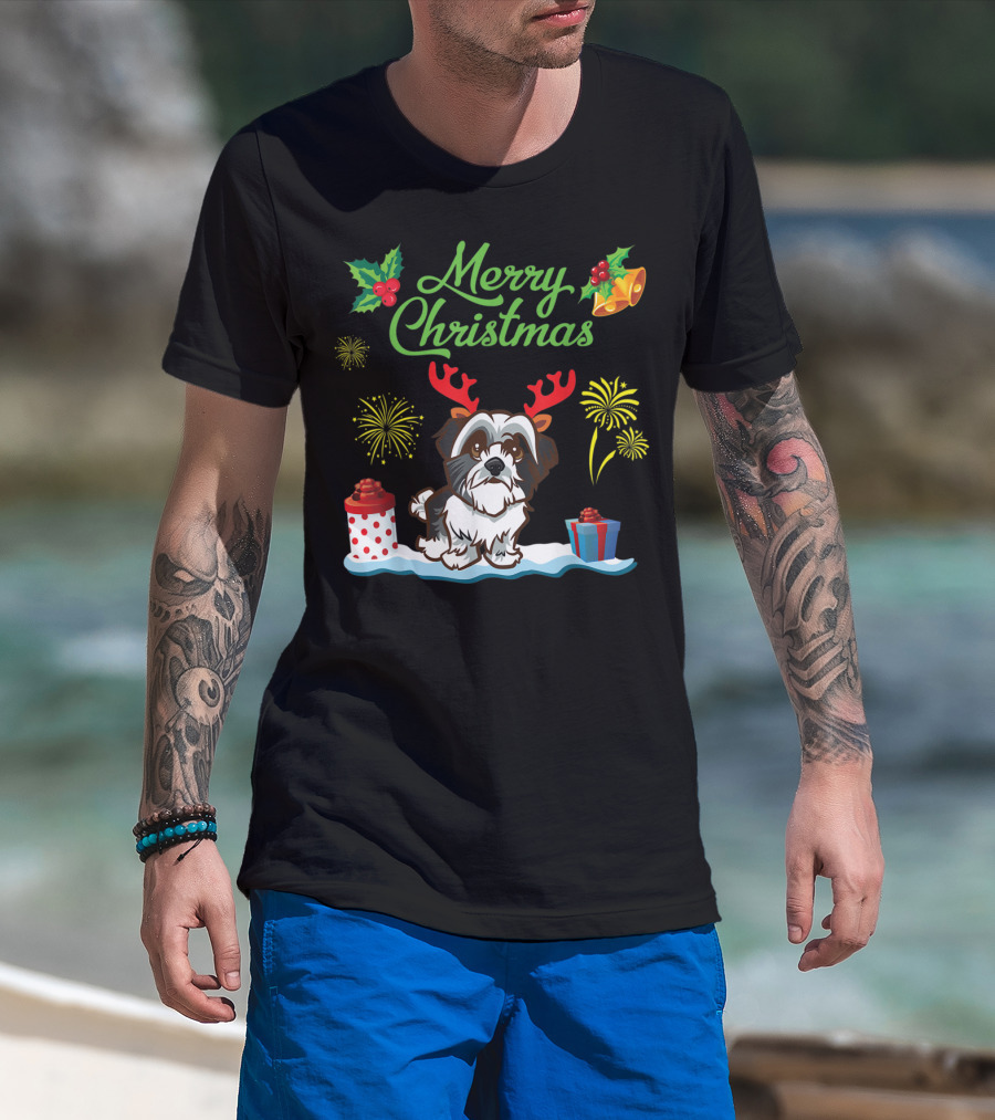 Merry Christmas Dog With Antlers Fireworks And Gifts T-Shirt