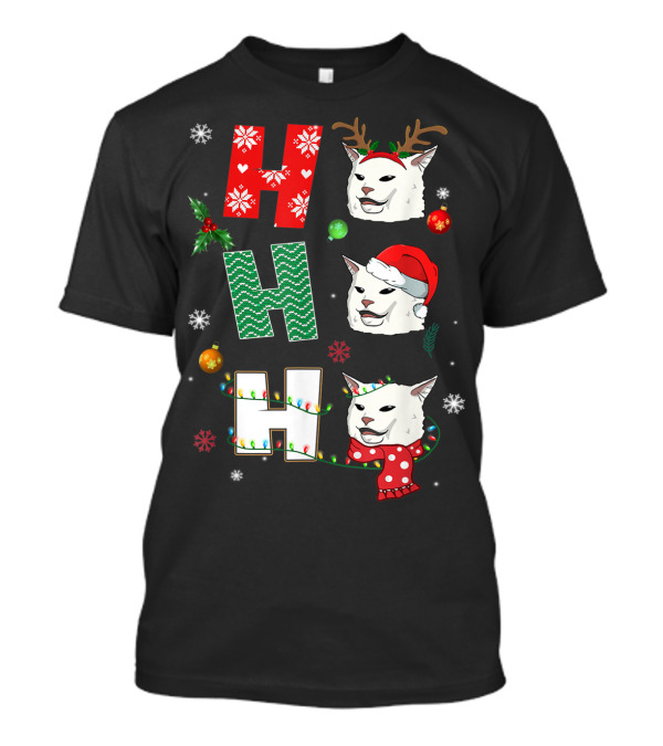 Ho Ho Ho Smudge Cat Santa Hat Reindeer Antlers Christmas Ornaments Snowflakes Xmas X4 T-Shirt