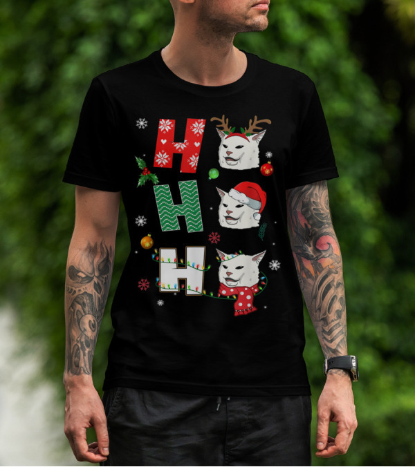 Ho Ho Ho Smudge Cat Santa Hat Reindeer Antlers Christmas Ornaments Snowflakes Xmas X4 T-Shirt