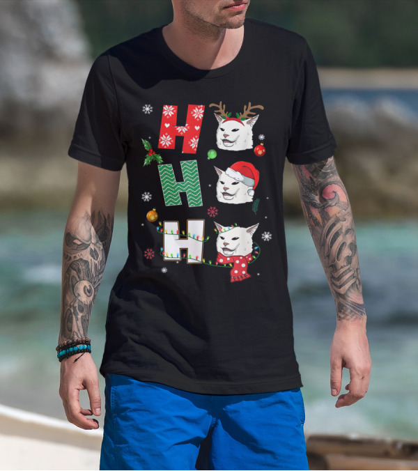 Ho Ho Ho Smudge Cat Santa Hat Reindeer Antlers Christmas Ornaments Snowflakes Xmas X4 T-Shirt