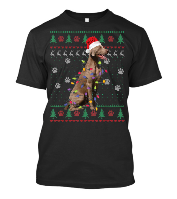 Weimaraner Wrapped In Christmas Lights Ugly Sweater Funny Dog Holiday T-Shirt