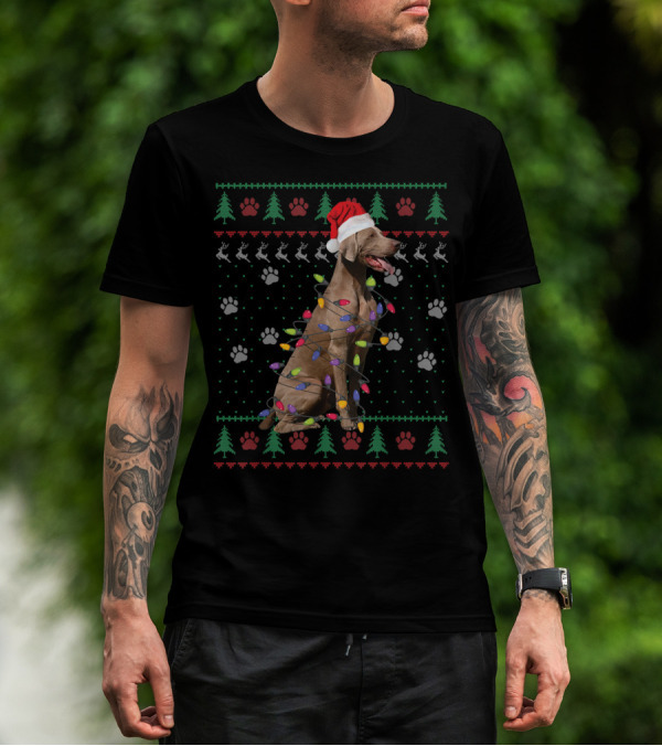Weimaraner Wrapped In Christmas Lights Ugly Sweater Funny Dog Holiday T-Shirt
