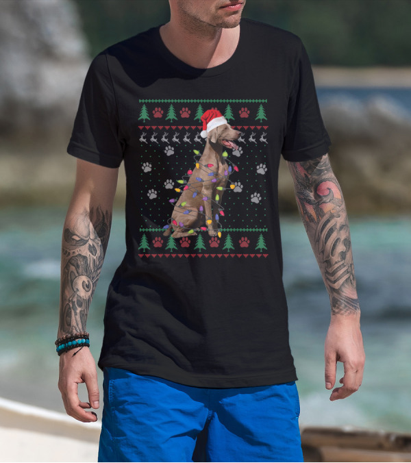 Weimaraner Wrapped In Christmas Lights Ugly Sweater Funny Dog Holiday T-Shirt