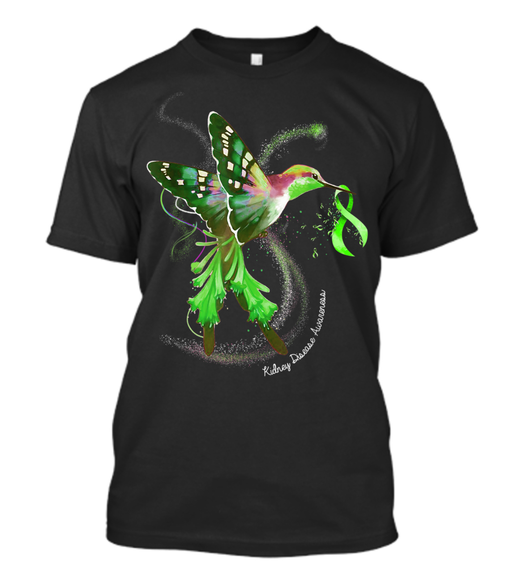 Hummingbird Kidney Disease Awareness Green T-Shirt