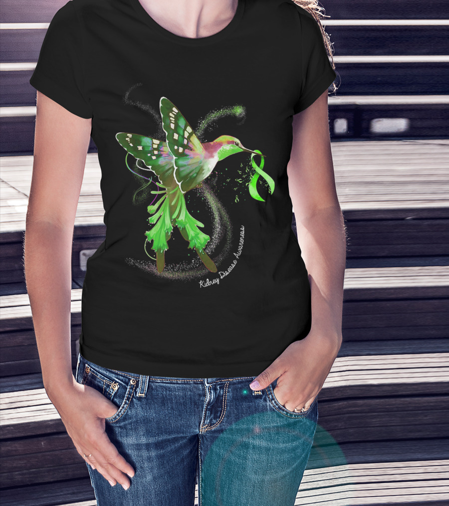 Hummingbird Kidney Disease Awareness Green T-Shirt