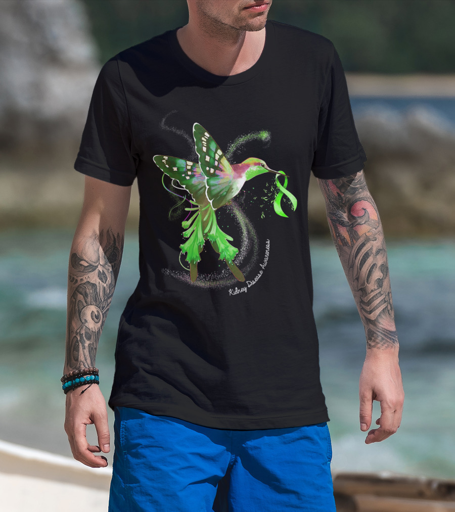 Hummingbird Kidney Disease Awareness Green T-Shirt