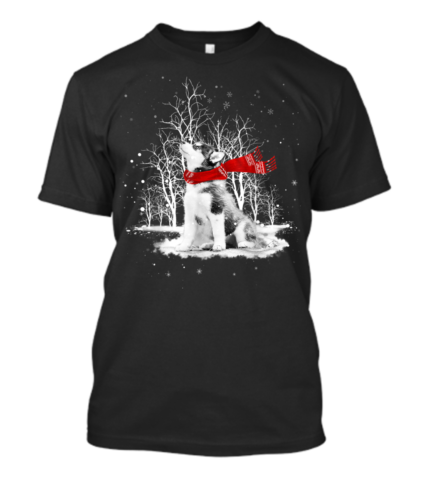 Husky Dog With Red Scarf In Snowy Winter Forest T-Shirt