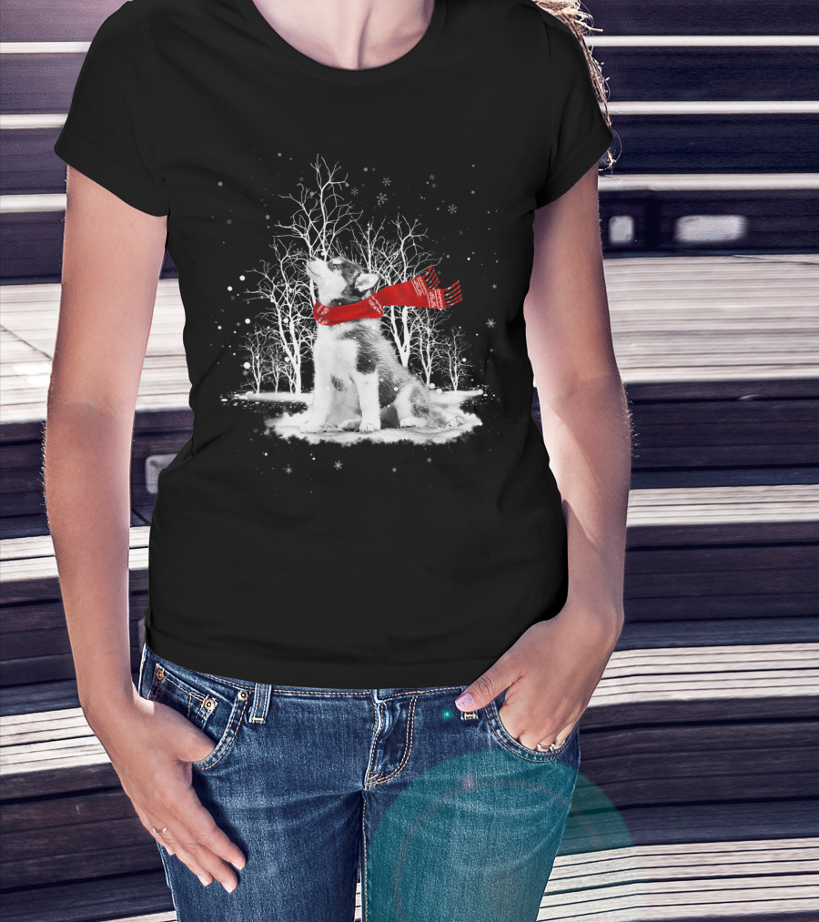 Husky Dog With Red Scarf In Snowy Winter Forest T-Shirt
