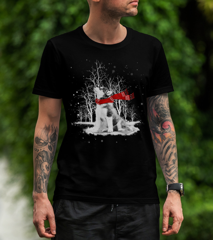 Husky Dog With Red Scarf In Snowy Winter Forest T-Shirt