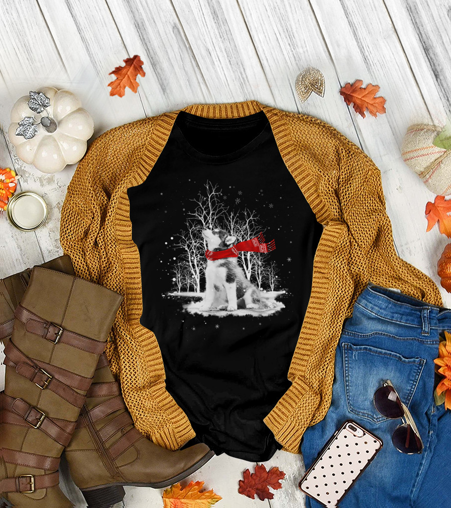 Husky Dog With Red Scarf In Snowy Winter Forest T-Shirt