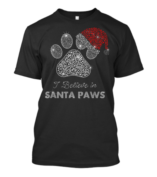 I Believe In Santa Paws Dog Paw Print With Santa Hat T-Shirt