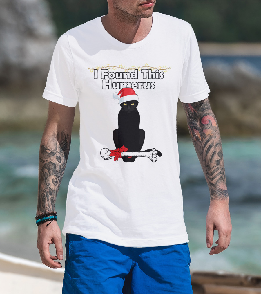 I Found This Humerus Black Cat Santa Hat Christmas Bone Humor T-Shirt