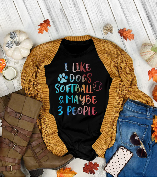 I Like Dogs Softball And Maybe 3 People Paw Print Baseball Stitching T-Shirt
