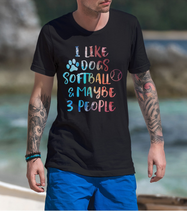 I Like Dogs Softball And Maybe 3 People Paw Print Baseball Stitching T-Shirt