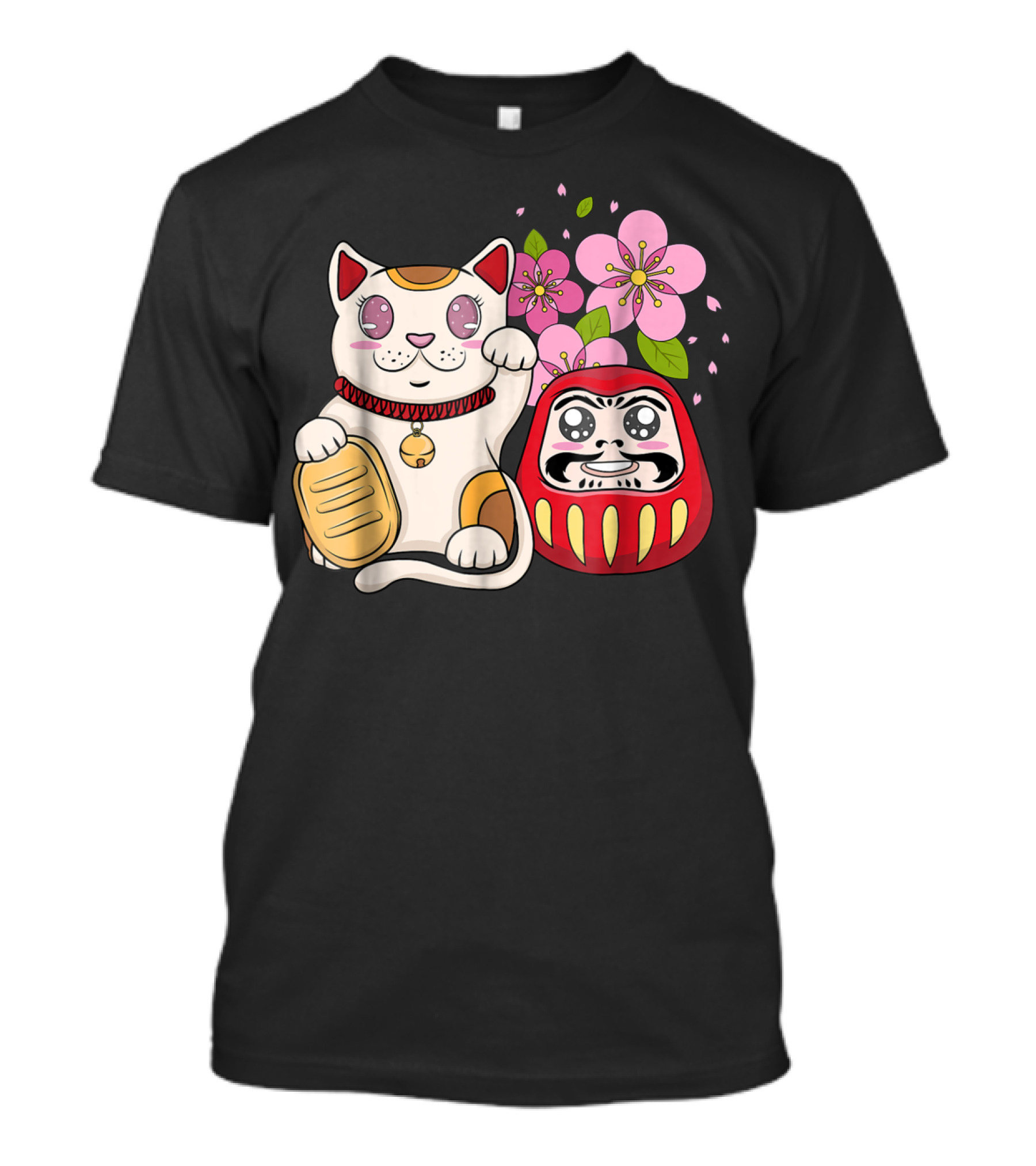 Japanese Lucky Cat Maneki Neko Daruma Sakura Flowers T-Shirt