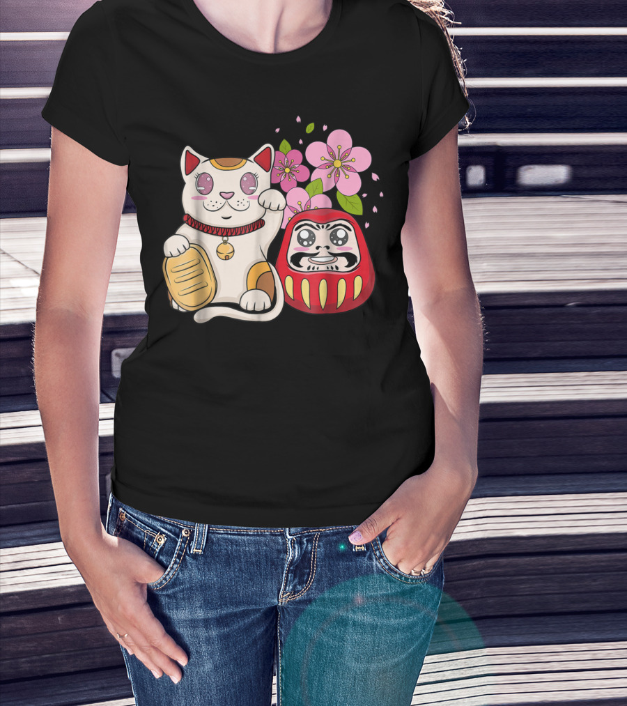Japanese Lucky Cat Maneki Neko Daruma Sakura Flowers T-Shirt