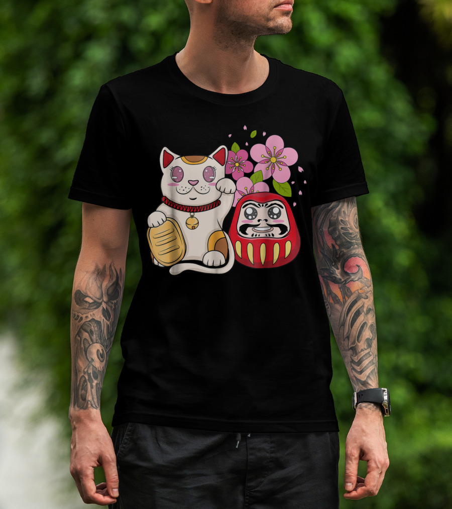 Japanese Lucky Cat Maneki Neko Daruma Sakura Flowers T-Shirt