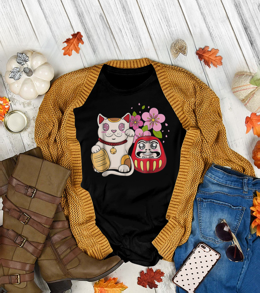 Japanese Lucky Cat Maneki Neko Daruma Sakura Flowers T-Shirt