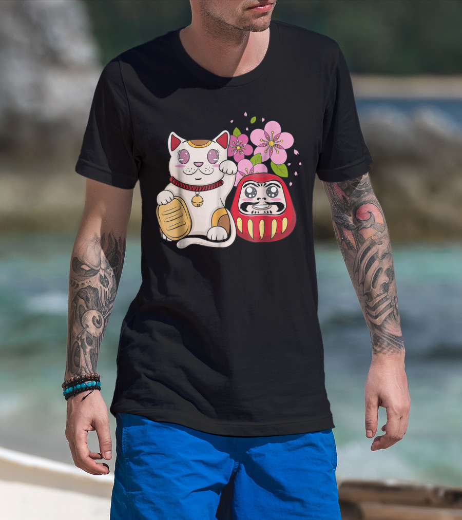Japanese Lucky Cat Maneki Neko Daruma Sakura Flowers T-Shirt