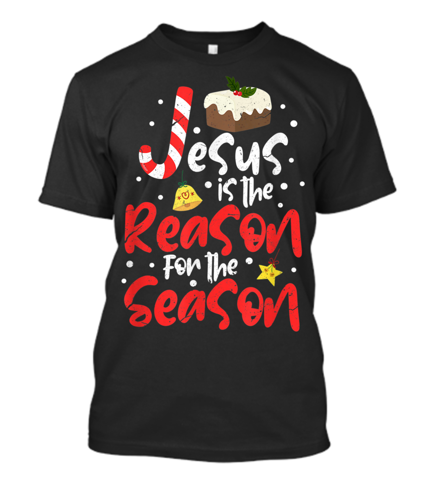 Jesus Is The Reason For The Season Christian Candy Cane Christmas Pudding Decorated Text T-Shirt