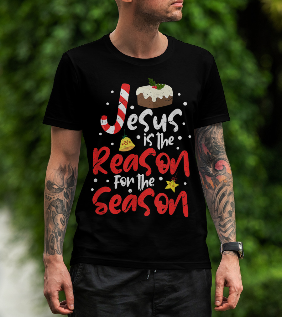 Jesus Is The Reason For The Season Christian Candy Cane Christmas Pudding Decorated Text T-Shirt